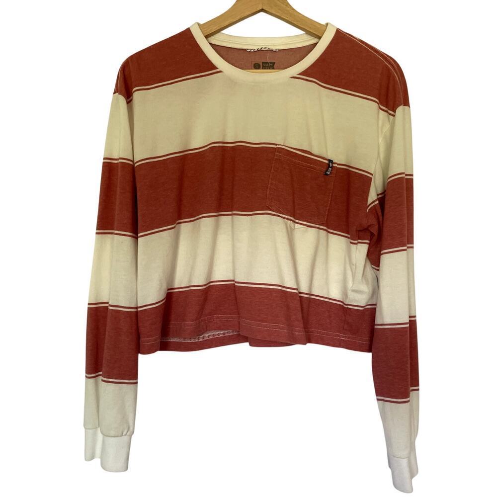 Salty Crew Striped Cropped Long Sleeve Sweater Large Coral Women UPF 40+ Cotton